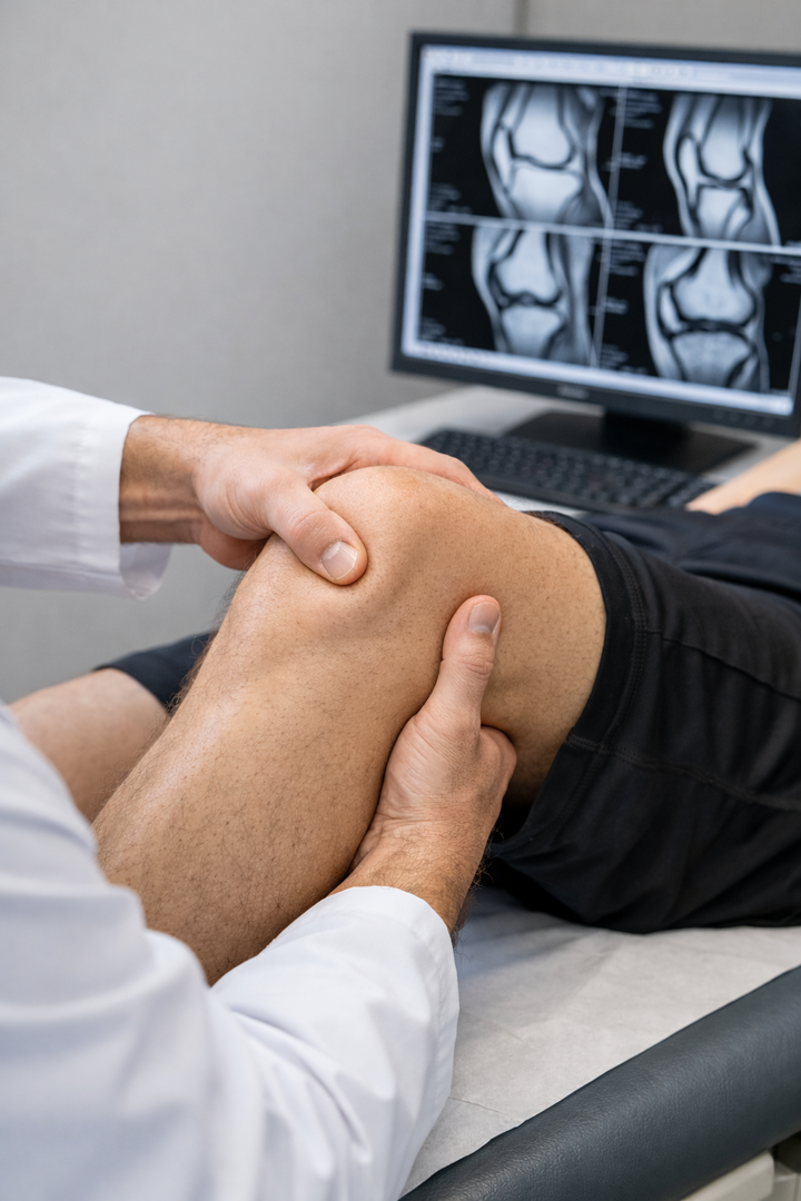 Arzt untersucht Kniegelenk mit MRI-Bildern